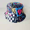 Gorro de Pescador con Graffiti de Celebridad de Internet de Doble Cara Retro Visera Solar Sombrero Protector Solar para Hombres y Mujeres Exterior Versátil Sombrero Cubeta Estampado Hip-hop