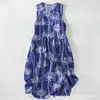 Vestido Casual de Algodón Puro con Estampado Digital Nuevo Transfronterizo, Cuello Redondo, Sin Mangas, Largo Medio, para Mujer, Verano en la Playa