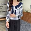 Suéter chal de punto a rayas de manga larga con costuras para primavera y otoño, estilo coreano, nuevo, delgado, versátil, para mujer
