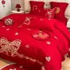Conjunto de quatro peças para casamento, 100% algodão, vermelho vivo, para camas de noivos, incluindo lençóis e fronhas de edredom, alta qualidade, algodão puro, perfeito para o quarto de recém-casados