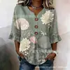 Nueva camiseta estampada de cuello en V con volantes y botones transfronteriza para mujer, elegante camisa casual para ir al trabajo en verano