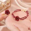 Conjunto de dos piezas de pulsera de doble capa y anillo con cuentas finas de granate rosa burdeos, estilo vintage, favorecedor para niñas, adecuado para el uso diario.