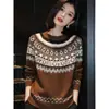 Tricô Jacquard Estilo Fair Isle Novo Primavera/Outono 2026 Feminino Gola Redonda Suéter Slimming Retrô Top Tendência