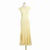 Vestido de Mujer de Verano Fresco de Color Sólido Cuello Redondo Manga Supercorta Encaje Puntadas Ajustado Adelgazante de Punto de Alta Elasticidad
