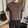 Camiseta de Verano para Hombre 2026 Tejido de Punto Imitación Cuello Pequeño Manga Corta Cuello Redondo Versátil Ajuste Delgado Elástica Camiseta Básica para Hombre