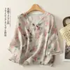 Foto Real de Blusa de Algodón 2026 para Mujer con Estampado Digital, Sensación de Lujo Ligero de Gama Alta, Camisa de Botones con Cuello en V