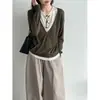 Suéter de Punto Patchwork Bloque de Color Falso Dos Piezas Manga Larga para Mujer Luxi, Nuevo Estilo Coreano, Casual Otoño 2026, ss1060