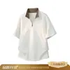 Camiseta masculina estilo retrô americano, falsa peça dupla, com meio zíper, retalhos xadrez, gola dobrável, manga curta, solta e casual para o verão