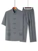 Conjunto de dos piezas de verano fino de manga corta estilo Tang para papás, atuendo estilo chino para hombres de mediana edad y ancianos, traje de ejercicio matutino de abuelo