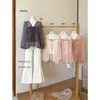 Conjunto Duas Peças Top de Renda Plissada Perolado com Cadarço e Decote V de Manga Longa + Camisola OFICIAL Outono Inicial 28666