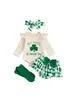 Cross-Border 2026 St. Conjunto de Três Peças para Bebê e Criança Pequena do Dia de São Patrício: Vestido de Manga Longa Estampado de Trevo de Quatro Folhas + Faixa de Cabeça