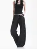 Pantalones Vaqueros Jeans para Hombre y Mujer Americanos Desestructurados con Ojales, Hoja Curva, Caída Casual, Pierna Ancha Holgada, Largo hasta el Suelo, Modernos
