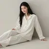 Cardigan de pijama de duas peças para casa feminina, manga longa e calça longa, gola V, cor sólida, algodão jacquard elástico dupla face