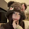 Gorro de tricô para outono e inverno, estilo gato, com abas para as orelhas, forro de pelúcia, espessado para aquecimento, design fofo de desenho animado, faz o rosto parecer menor