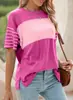 2026 Ropa de Mujer Transfronteriza Europea y Americana Primavera y Verano Nuevo Estilo Suéter Cuello Redondo Casual Rayas Bloques de Color Manga Corta Camiseta para Mujer
