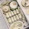 Lindo Juego de Platos Florales Verdes Cerámica para el Hogar Tazón de Arroz Plato de Sopa Combinación Regalo de Inauguración de Casa Juego Completo de Vajilla