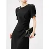 Elegante vestido negro corto de triacetato, vestido negro estilo francés, vestido midi de verano para mujer 2026