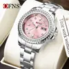 Reloj de Cuarzo Ofns Popular Redondo Verde Fantasma del Agua Negocios con Calendario Correa de Acero Anillo de Diamante Luminoso Resistente al Agua Reloj para Mujer