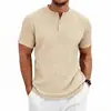 2026 Camiseta Masculina de Verão Texturizada com Gola Henley de Manga Curta Elástica Casual Solta Camisa Henley
