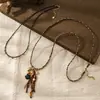 Cadena Larga para Suéter con Colgante de Nudo de Cuerda Tejida Hecho a Mano de Diseño Vintage, Piedra Natural y Borla, Collar con Flor, con un Toque de Lujo para Mujer