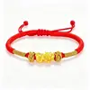Pulsera ajustable tejida con hilo rojo Pixiu de oro puro 999, pulsera de la fortuna dorada para hombres y mujeres, auspiciosa para el año de nacimiento, venta al por mayor