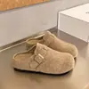 Pantuflas para mujer, suela de lana, punta cerrada, sin cordones, con hebilla, pantuflas tipo mula gruesas, con tacón oculto, otoño e invierno, correa de cuero retro