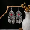 Pendientes Bohemios Azules de Turquesa Estilo Étnico Europeos y Americanos, Pendientes de Borla de Metal Plateado Imitación, Joyería de Borla Vintage para Orejas al por Mayor