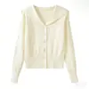 Cardigan estiloso azul marinho com gola grande e tricô macio para mulheres, primavera e outono, rosa, elegante, caimento solto, top que rejuvenesce e afina