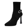 Primer Encuentro Temporada Negra Botas de Moda de Tacón Alto para Mujer 2026 Nuevas Botines Franceses de Punta Fina con Hebilla y Tacón Delgado Botas Adelgazantes