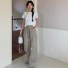 Calça Cargo Feminina Retrô de Cintura Alta com Cordão para Primavera e Outono, Cintura Elástica Solta Emagrecedora, Perna Larga Reta, Calça Casual Longa