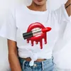 Camiseta Feminina Divertida de Verão com Estampa de Lábios Beijando e Texto, Manga Curta, Gola Redonda, Top Solto Casual