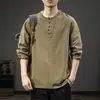 Nueva Camiseta Casual de Algodón Puro para Hombre, Manga Larga, Holgada y Delgada, Tendencia Primavera y Otoño, Marca, Cuello Henley, Camiseta Base Sudadera