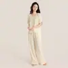 Conjunto de Pijama Feminino de Algodão Puro Cor Sólida Renda Crepe Manga Curta Calça Longa Estilo Pulôver Solto Roupa de Dormir Primavera Verão Outono