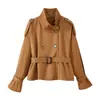 Estilo europeo y americano comercio transfronterizo comercio exterior moda mujer 2025 cuello alto de pie doble botonadura sarga cintura abrigo corto 1264870