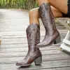 2026 Botas de Talla Grande de Comercio Exterior para Mujer Botas Largas Tacón Medio Bordadas Estilo Vaquero Occidental Bota de Media Pierna Botas de Jinete Transfronterizas