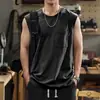 Colete Masculino Casual de Verão Solto Cor Sólida Pesada Camiseta Sem Manga Retro Americana Top Regata Fitness Jovem