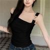 Camiseta de tirantes de metal plisada de estilo coreano de estilo dulce puro, top ajustado y elástico para chicas atractivas, de verano para mujer