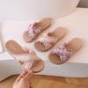 Verano nuevo hada tejido cuerda de cáñamo moda viaje palabra zapatillas playa casual tacón plano zapatillas de moda sandalias de exterior para mujer