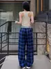 Pantalones de pierna ancha a cuadros azules y negros de estilo británico transfronterizo, nuevo estilo de verano, de cintura alta, adelgazantes, fluidos, holgados, casuales, largos hasta el suelo