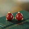 Pendientes pequeños redondos de color nacional de ágata roja del sur Diseño pequeño fresco retro con incrustaciones de jade Hetian Pendientes de plata de ley 925 para mujer