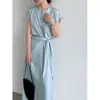 Vestido Irregular con Cinturón de Corbata de Lino Tencel Luxi Falda Larga para Mujer Verano Cuello en V Vestido de Alta Calidad 89053