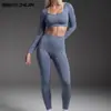Conjunto de roupa de esporte ao ar livre sem costura europeu e americano, sutiã esportivo sem costura, calça comprida sem mangas e com costas abertas, secagem rápida para fitness e yoga
