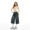 Shorts de Trabajo de Mezclilla Retro Americano con Bolsillos para Mujer, de Cintura Alta, Corte Recto, Ajuste Holgado, Adelgazante, Pierna Ancha, Largo de Tres Cuartos, Azul Mezclilla