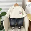 2025 Novo Moletom de Veludo de Inverno Meninos Conjunto de Duas Peças Estilo Coreano Solto Casual com Capuz Coelho Manga Longa Tendência