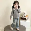 Cardigã suéter para meninas, novo estilo outono 2026, conjunto de outono infantil moderno e bonito, jaqueta com gola de renda para bebê, primavera e outono