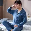 Novo Conjunto de Pijama Masculino Casual Simples de Manga Longa e Calça Longa para Adolescentes, Algodão Puro, Solto, Gola Lapela, Conjunto de Roupa para Casa