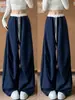 Calça parachute larga com cordão e color block azul marinho estilo coreano para mulheres, nova coleção outono 2026, calça casual solta e modeladora