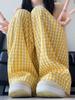 Calça Xadrez Amarela de Perna Larga Estilo Preguiçoso para Mulheres, Estilo Fino de Primavera e Verão, Nova Calça Casual Solta Reta de Cintura Alta para Caminhada 2026