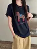 Camiseta de Manga Corta con Cuello Redondo Estilo Dibujos Animados de Pony para Mujer, Primavera/Verano 2026, Estampado de Pony Blanco, Top Casual Holgado de Algodón Puro