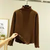 Camiseta interior cálida para mujer de otoño e invierno, con forro polar, engrosada, corte ajustado, manga larga, con cuello medio alto y dobladillo festoneado